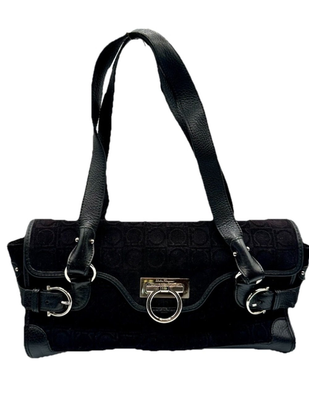 Salvatore Ferragamo Black Velvet and Leather Silver-Tone Gancini Shoulder Bag